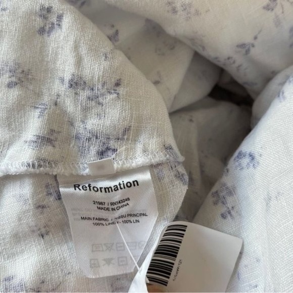 Reformation Midi Dress Smocked Puff Sleeves White Linen Floral Long Slit Medium - Picture 11 of 15